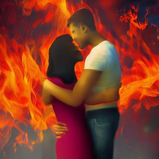 Image similar to young lovers looking into each others eyes while fire burns all around them, digital art high detail,