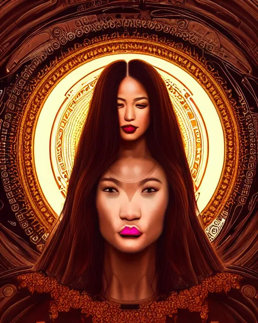 Image similar to ( ( ( portrait of tech goddess ) ) ), zoom, rule of thirds, atmosphere, intricate, regal, latinas, ( brown skin ), symmetrical!!, loreal, maybelline, sephora, loreal, artstation, art by artgerm and gonzalo ordonez arias, moody, concept art, filmic, vsco