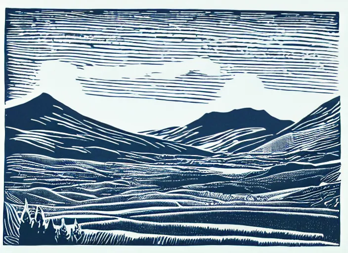 Image similar to a beautiful linocut print on paper of The highlands of Scotland