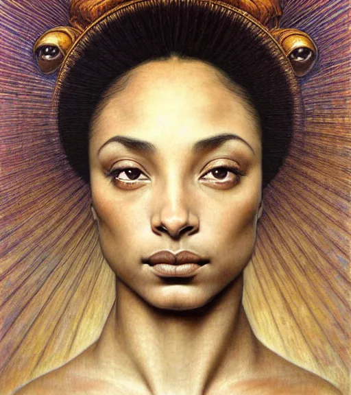 Image similar to detailed realistic beautiful young sade adu face portrait by jean delville, gustave dore and marco mazzoni, art nouveau, symbolist, visionary, baroque, intricate. horizontal symmetry by zdzisław beksinski, iris van herpen, raymond swanland and alphonse mucha. highly detailed, hyper - real, beautiful