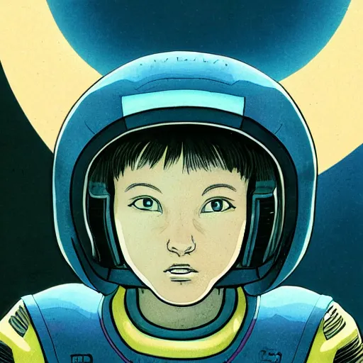 Image similar to close up portrait of the young spaceship pilot girl, front view, masterful, in the style of moebius, akira toriyama, jean giraud