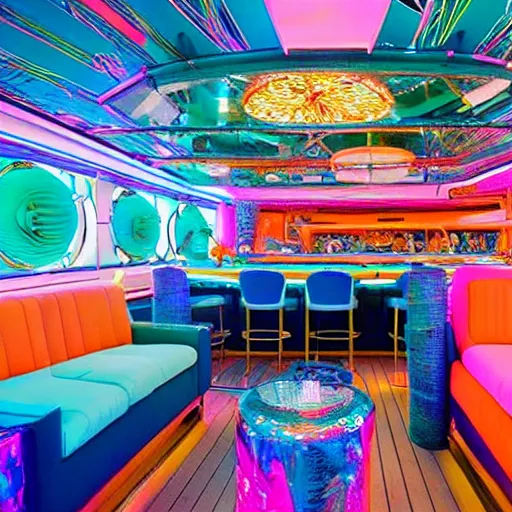 Prompt: architectural digest photo, inside a crowded futuristic neon tiki bar inside a yacht, tropical plants, blue lighting with small pastel orange and pink accent lights, crowd of cool people dancing