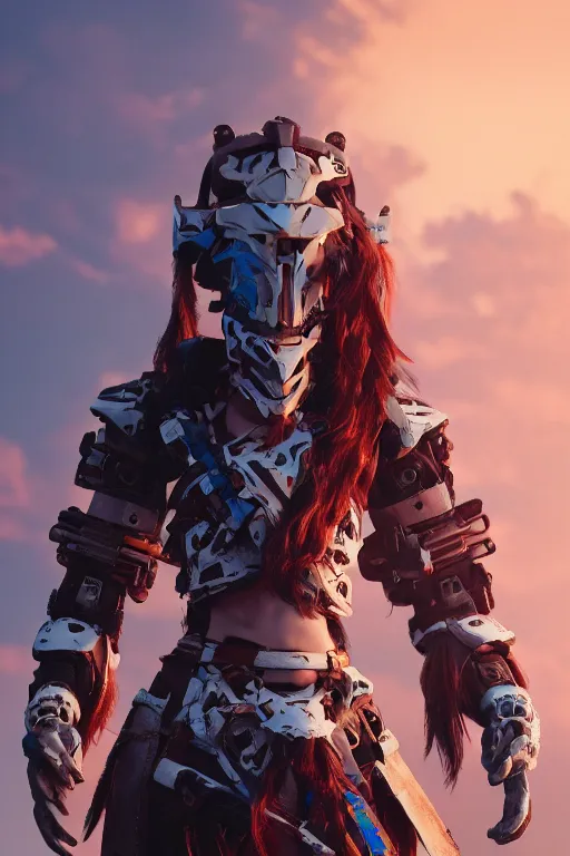 Image similar to combination suit armor aloy horizon forbidden west horizon zero dawn robot ninja mask helmet backpack tribal, aesthetic octane render, 8 k hd resolution, by ilya kuvshinov and cushart krentz and gilleard james radiating a glowing aura cgi rtx 2 0 2 2