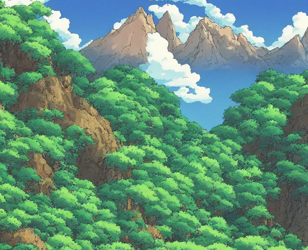 Image similar to a beautiful mountain landscape by studio ghibli