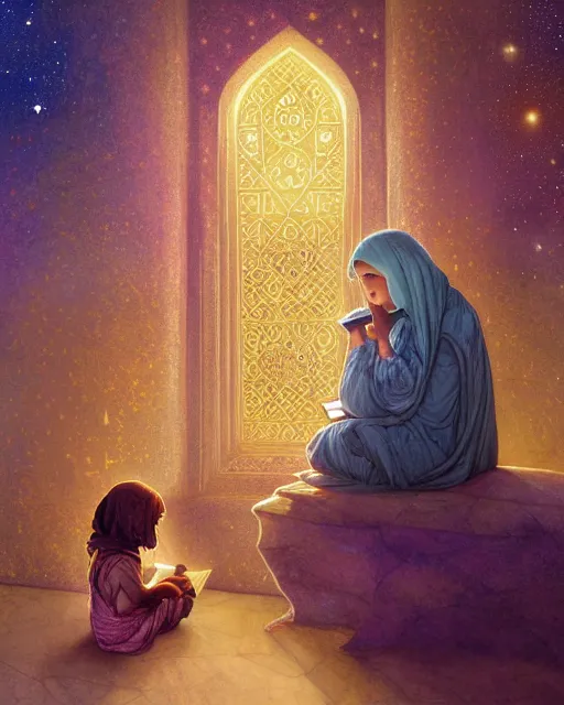 Prompt: bedouin child reading the quran inside of the mosque in the galaxy surrounded by nebula, highly detailed, gold filigree, romantic storybook fantasy, soft cinematic lighting, award, disney concept art watercolor illustration by mandy jurgens and alphonse mucha and alena aenami, pastel color palette, featured on artstation