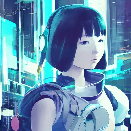 Image similar to Frequency indie album cover, luxury advertisement, white, indigo and teal colors. highly detailed post-cyberpunk sci-fi close-up schoolgirl in asian city in style of cytus and deemo, mysterious vibes, by Ilya Kuvshinov, by Greg Tocchini, nier:automata, set in half-life 2, beautiful with eerie vibes, very inspirational, very stylish, with gradients, surrealistic, postapocalyptic vibes, depth of filed, mist, rich cinematic atmosphere, perfect digital art, mystical journey in strange world, bastion game, arthouse