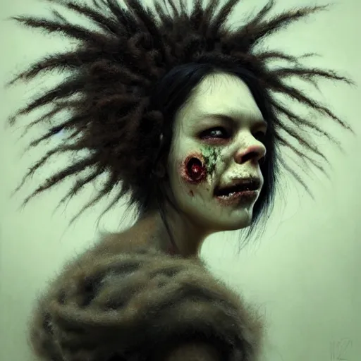 Prompt: head portrait of fresh faced young bjork as a zombie with large fluffy back - combed hair, 7 days to die zombie, gritty background, fine art, award winning, intricate, elegant, sharp focus, cinematic lighting, digital painting, 8 k concept art, art by michael hussar, art by brom, art by guweiz and z. w. gu, 8 k