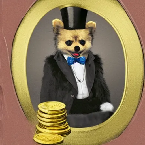 Prompt: A pomeranian wearing a top-hat and a monocle, sitting on a pile of gold coins