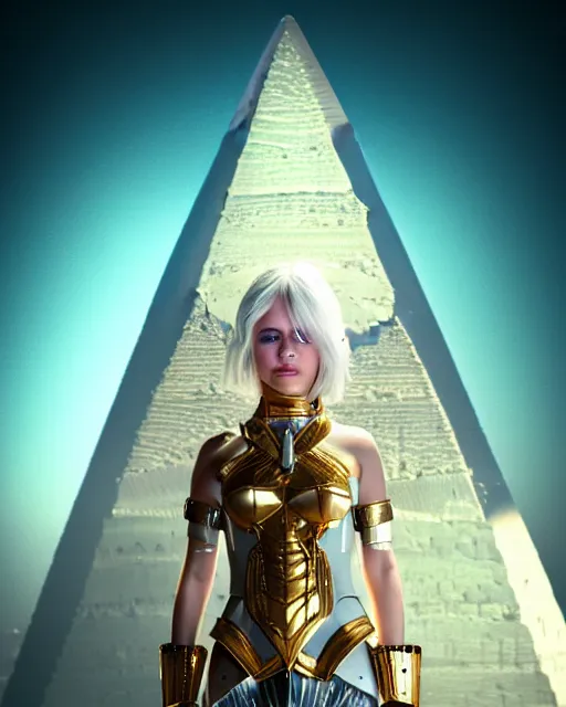 Image similar to girl exploring a pyramid, egyptian cyborg armor, white hair, atmosphere, gold, detailed, intricate, beautiful face, cinematic lighting, trending on artstation, blue eyes, 4 k, focused, extreme details, cinematic, masterpiece, by akihito tsukushi