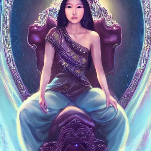 Image similar to portrait of a beautiful young asian woman with shoulder length hair and strong facial bone structure, queen and ruler of the universe, sitting on her throne, men kneeling at her feet, painting by ross tran