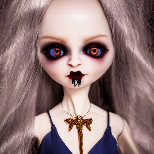 Image similar to lovely realistic ball jointed high end blue gold vampire doll with fashion and cute accessories, inside gothic doll manor bedroom, god rays, dust particles, photorealistic, aesthetic shot, worms eye view, macro camera lens, high definition, thematic, cinematic, lens flare