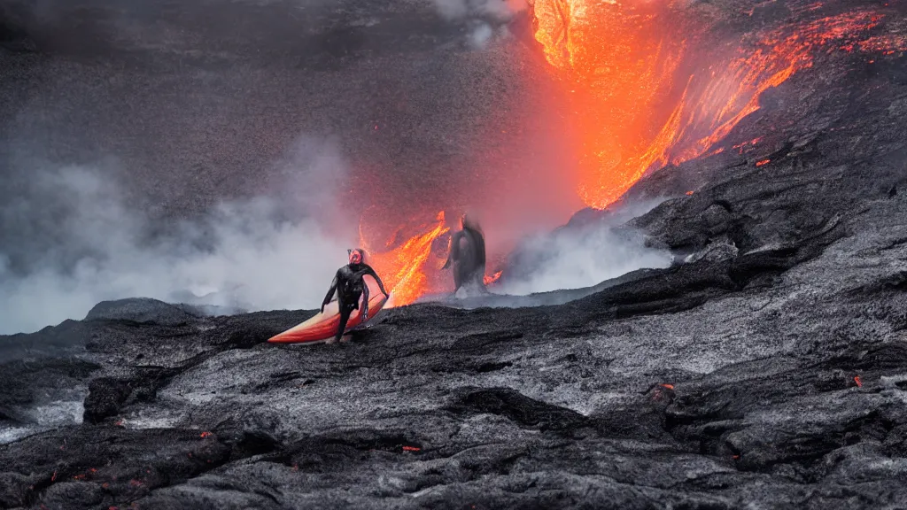 Image similar to person in armor surfing down a river of lava on the side of a volcano on surfboard, action shot, dystopian, thick black smoke and fire, motion blur, sharp focus, cinematic, tilt shift lens