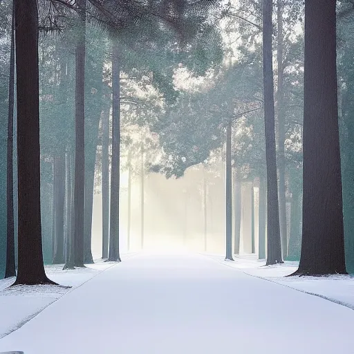 Image similar to augusta national the masters, but during winter completely covered in snow, beautiful ambient light, stunning photography, fog, light rays