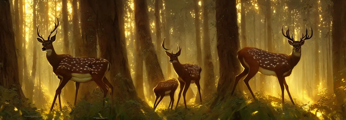 Image similar to Deer in Sherwood Forest, full frame, highly detailed, digital painting, artstation, concept art, smooth, sharp focus, illustration, art greg rutkowski and alphonse mucha