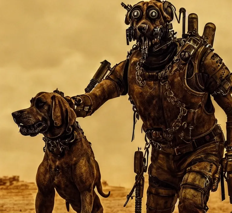 Image similar to a good ol'bloodhound dog fursona ( from the furry fandom ), heavily armed and armored facing down armageddon in a dark and gritty version from the makers of mad max : fury road. witness me.