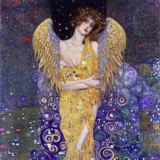 Prompt: dreamy angels, in the cosmos, intricate long shelve robes, intricate detail, klimt, royo,