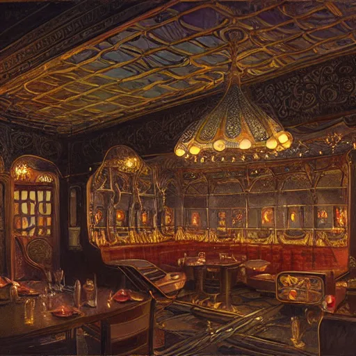 Prompt: painting of artlilery spaceship with ornate metal work lands in country tavern, filigree ornaments, volumetric lights, norm rockwell, micheal whelan
