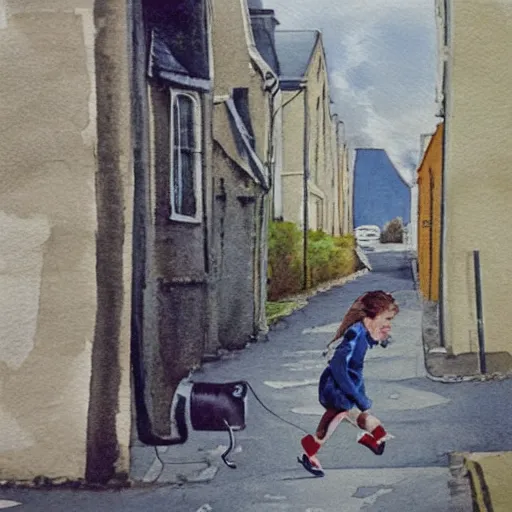 Prompt: a young girl is running along a street in sligo, ireland, in the late 1 9 7 0 s. hyperrealistic, fine detail, watercolour