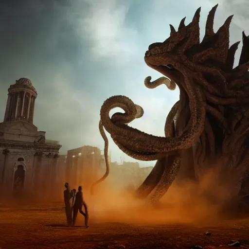 Image similar to Giant smoke monster coming out of the ground, thick swirling smoke, Nyarlathotep, Tentacles, mist, air particles, sandstorm, dramatic lighting, Byzantine ruins, surrounded by priests, worshipers, desert, cinematic, trending on artstation