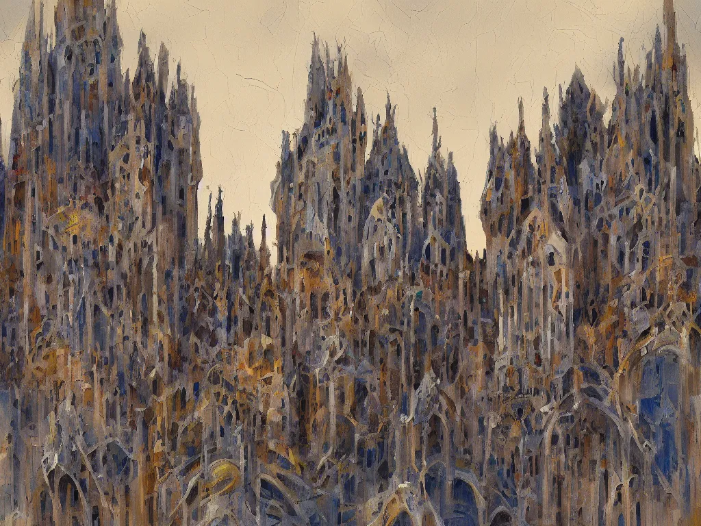 Prompt: a landscape painting of an architecture by Antoni Gaudí, trending on artstation