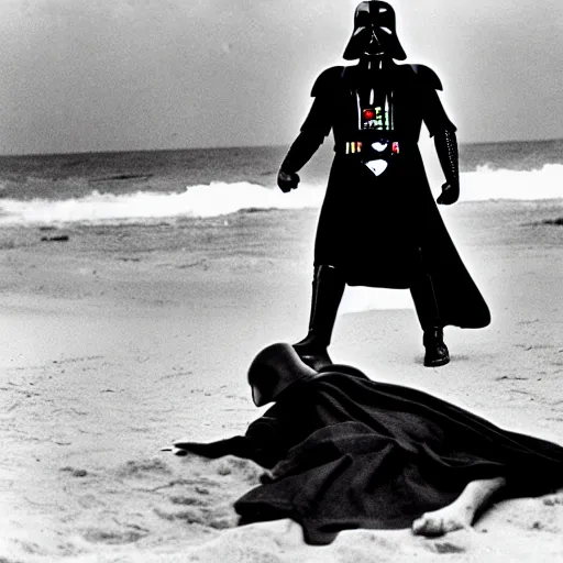 Image similar to a world war 2 award winning photo of darth vader storming the beach