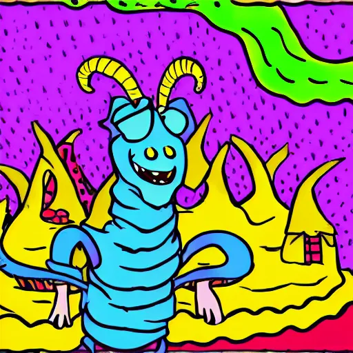Prompt: Pop-Wonder-NFT rando-larry-happy-goat-and-wandering-snake sidekick, waffling about wading through the goopy-muck and slithering about the castle side delights on a melted cheesy day in a hand-drawn vector, svg, cult-classic-comic-style