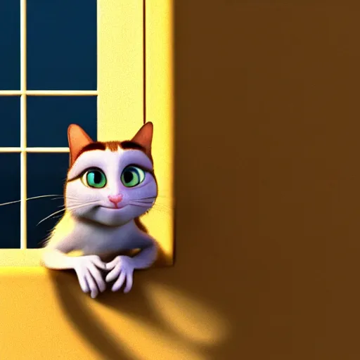 Image similar to a happy cat with big eyes looking for a cup of coffee in beautiful morning at a house window. Pixar Disney 4K 3d render funny animation movie Oscar winning trending on ArtStation and Behance. Ratatouille style.