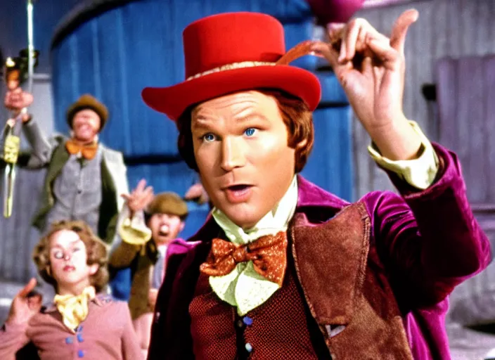 Image similar to film still of Chris Pratt as Willy Wonka in Willy Wonka and the Chocolate Factory 1971