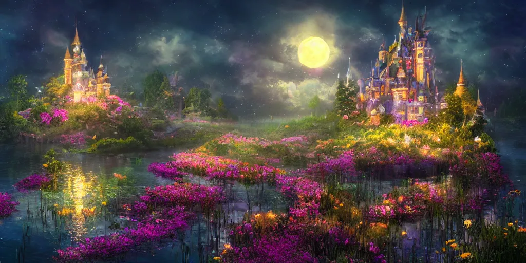 Image similar to a single glittering fairy castle at night, a full moon, water and colourful flowers, extremely detailed oil painting, unreal 5 render, fantasy digital art, octane render, beautiful composition, trending on artstation, award-winning photograph, masterpiece