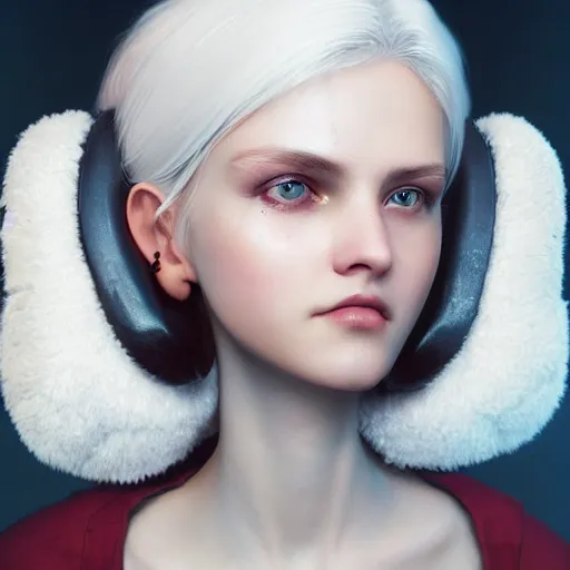 Image similar to a white haired girl wearing earmuffs with bionic eyes, digital art, 8 k resolution, unreal engine, highly detailed, pretty face, very beautiful face, very detailed eyes, photorealistic by wlop, greg rutkowski