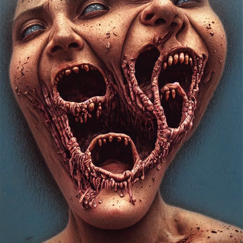 Prompt: ultra realist intricate detailed portrait of a single rugged attractive female screaming single mouth, full body, accurate features, apocalyptic, very intricate details, 8 k resolution, dim lighting, dramatic lighting, artstyle zdzisław beksinski, award winning