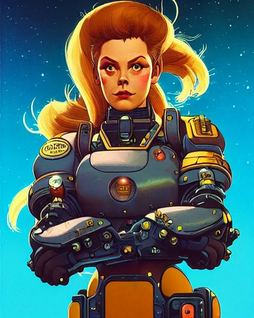 Image similar to brigitte from overwatch, character portrait, portrait, close up, concept art, intricate details, highly detailed, vintage sci - fi poster, retro future, in the style of chris foss, rodger dean, moebius, michael whelan, and gustave dore