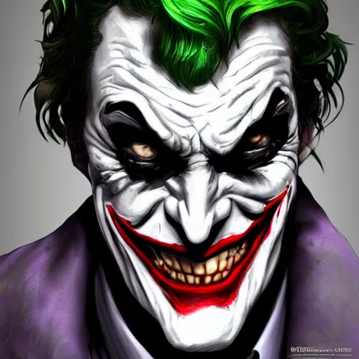 Image similar to Joker wearing armor, artstation, highly detailed, highly realistic