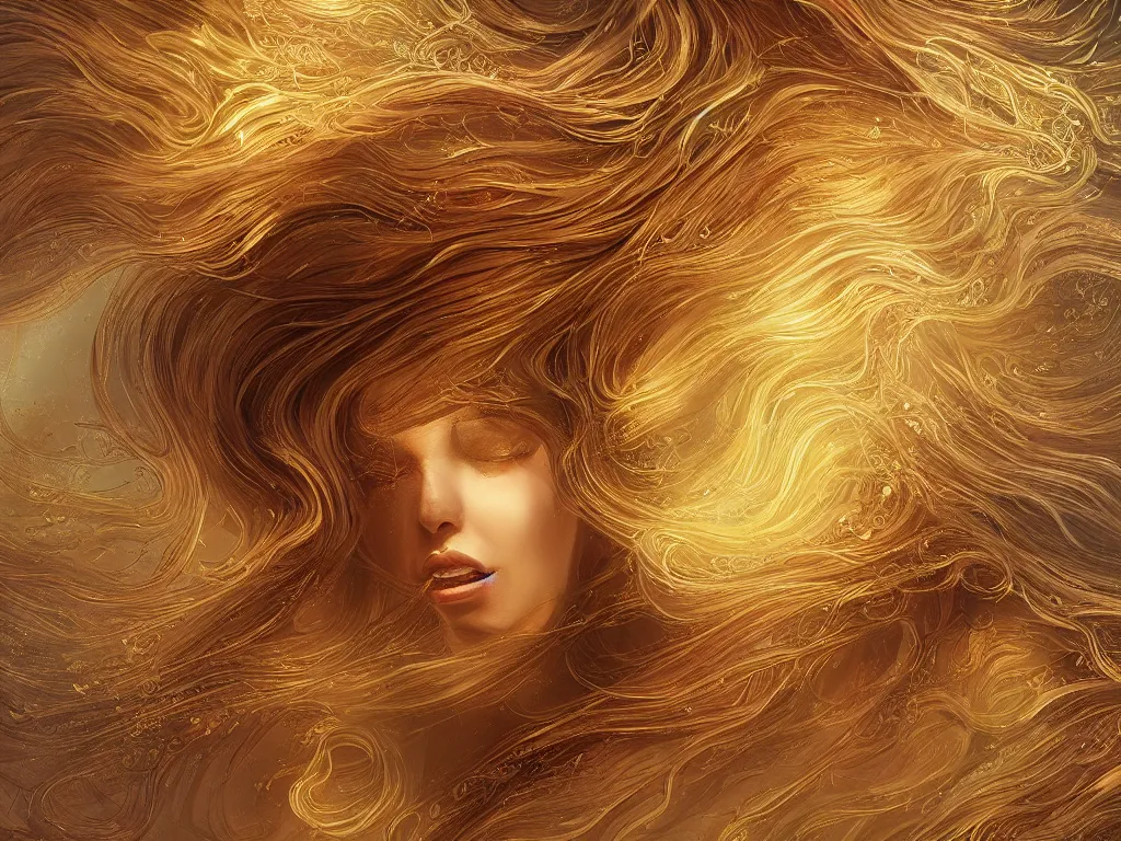 Image similar to a voluminous, amorphous, blob of flowing hair. Epic golden intricate, elegant, highly detailed, digital painting, artstation, concept art, smooth, sharp focus, illustration, art by Zbrush