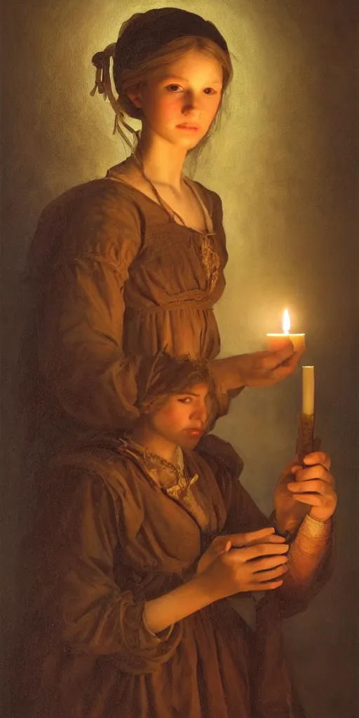 Image similar to Highly detailed and cinematic romantic period oil painting of a medieval peasant girl holding a candle, strong atmosphere, oil painting masterpiece by Josep Tapiró Baró, symmetry, fractals