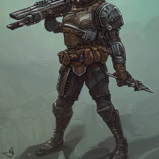 Image similar to portrait of a mercenary in bug-themed armor weilding a large rifle, D&D, fantasy, elegant, hopeful, cosmic, muscular, highly detailed, digital painting, artstation, concept art, smooth, sharp focus, illustration by Josan Gonzalez