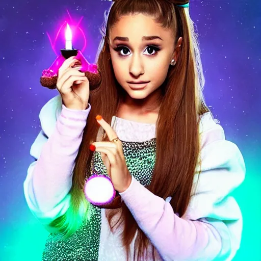 Prompt: ariana grande as a cute mage casting a spell