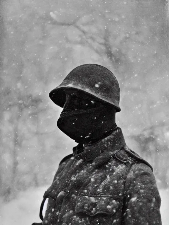 Prompt: portrait of man with extreme cold weather mask, ww1 photo, grainy, high detail, high resolution,