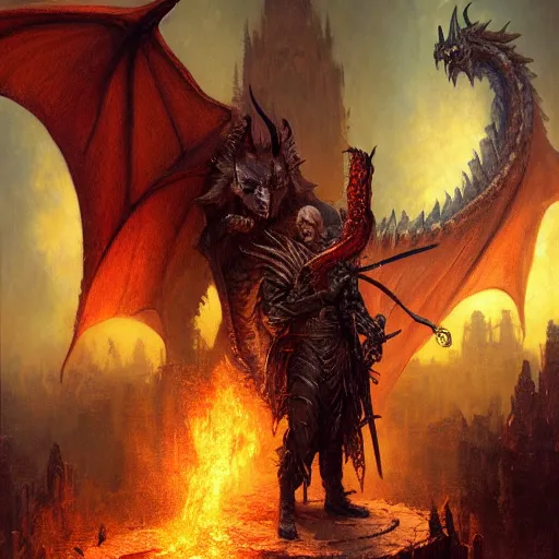 Prompt: a demon hunter stands in front of the gates to hell guarded by a huge dragon, painting by gaston bussiere, craig mullins, j. c. leyendecker, 4 k, 8 k, trending on artstation, artstationhd, artstationhq, highest detail