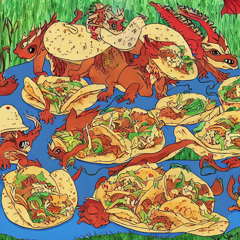 Prompt: dragons eating tacos, childrens book illustration