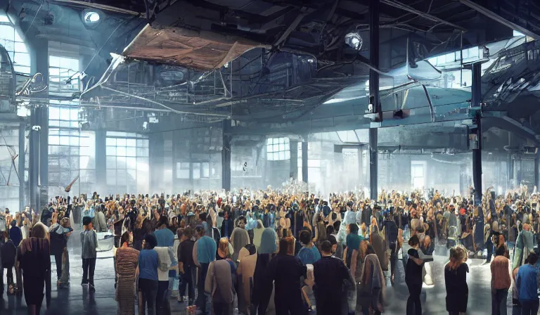 Image similar to large group people in simple warehouse, looking at hologram of futuristic cbd on a table, cinematic concept art, godrays, golden hour, natural sunlight, 4 k, clear details, tabletop model buildings, center model buildings, hologram center, crane shot, crane shot, crane shot, clear details, windows