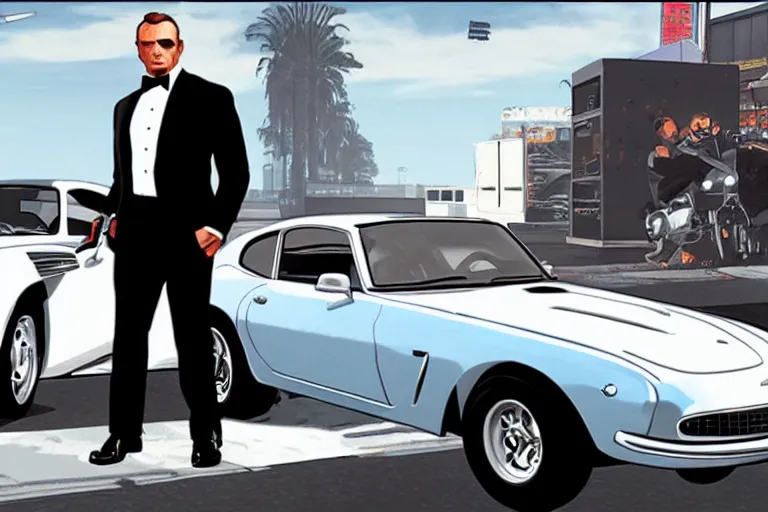 Image similar to GTA V cover art based on James Bond, starring 007 James Bond