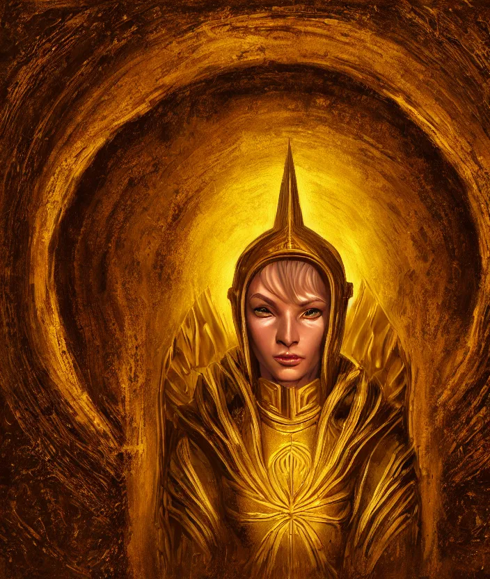 Image similar to a golden saint emerges from the door to cyrodiil, oil painting, aesthetic face, symmetrical face, magic, oblivion, morrowind, skyrim, skywind, skyblivion, dark, gloomy, portrait, character portrait, concept art, symmetrical, 4 k, macro detail, realistic shadows, bloom, cosplay, dviant art