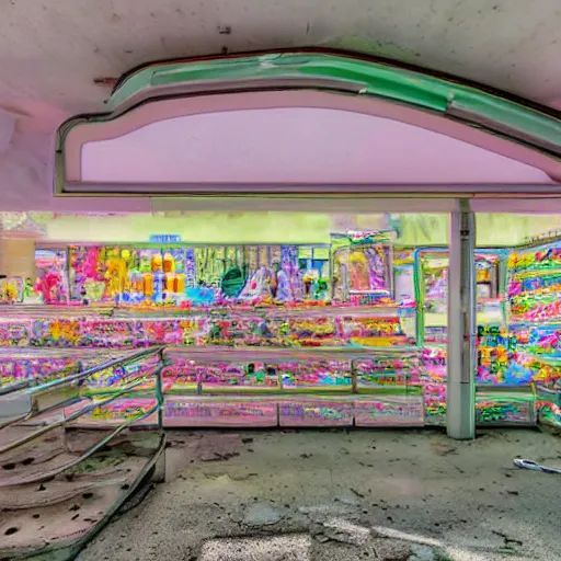 Prompt: futuristic, pastel colors, hd 8 k photography, abandoned, overgrown, candy shop in a mall