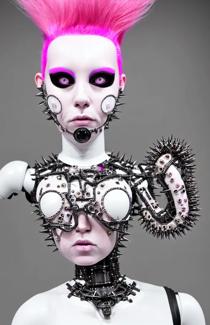 Prompt: symmetrical portrait of a biomechanical demoness wearing a steel spikes studded iridescent beauty mask and pink hair buns, wearing a black bodysuit by olivier rousting, cream white background, soft diffused light, biotechnology, humanoid robot, perfectly symmetric, bjork aesthetic, translucent, by rineke dijkstra, intricate details, highly detailed, masterpiece,