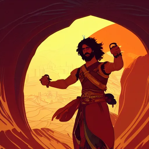 Prompt: an ultra detailed vector image of the prince of persia dressed as bob ross, concept art by alphonse mucha and greg rutkowski, bright red desert sands, bright yellow and red sun, octane render, praise the sun