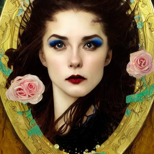 Image similar to portrait of a menacing beautiful vampire, head only, headshot, detailed and clear eyes and mouth, blinding white hair, roses scattered everywhere, by Stanley Artgerm Lau , greg rutkowski, thomas kindkade, alphonse mucha, loish, norman rockwell, J. C. Leyendecker. hair waving in the wind, pale skin, sinister complexion, thorn crown, image bordered by thorns, thorn background. D&D, fantasy. Trending on artstation rule of thirds extremely detailed render, octane hd 4k