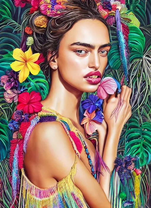 Image similar to beautiful portrait of Irina Shayk wearing fantastic Hand-dyed cotton dress,embellished beaded feather decorative fringe knots ,colorful pigtail,subtropical flowers and plants,symmetrical face,intricate,elegant,highly detailed,8k,digital painting,trending on pinterest,GUCCI,PRADA,harper's bazaar,concept art, sharp focus,illustration,by artgerm,Tom Bagshaw,Lawrence Alma-Tadema,greg rutkowski,Alphonse Mucha