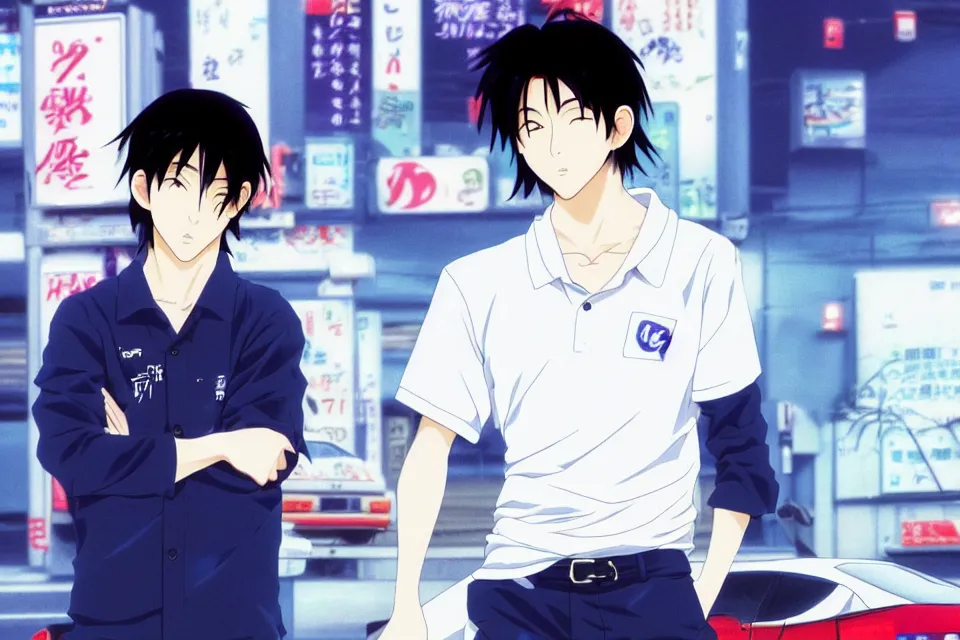 Image similar to aesthetic illustration of very serious ryosuke takahashi with black hair wearing a dark blue shirt and white pants stands leaning with one leg on his white mazda rx 7 on an empty gas station at dusk, initial d anime 1 0 8 0 p, detailed anime face, high detail, 9 0 s anime aesthetic, volumetric lights, unreal engine 5 render, pinterest wallpaper,