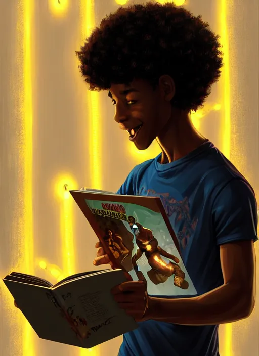 Image similar to portrait of teenage chuck clayton, black teenage boy, short curly hair, short hair square jaw, slight excited smile, reading a comic book, intricate, elegant, glowing lights, highly detailed, digital painting, artstation, concept art, smooth, sharp focus, illustration, art by wlop, mars ravelo and greg rutkowski